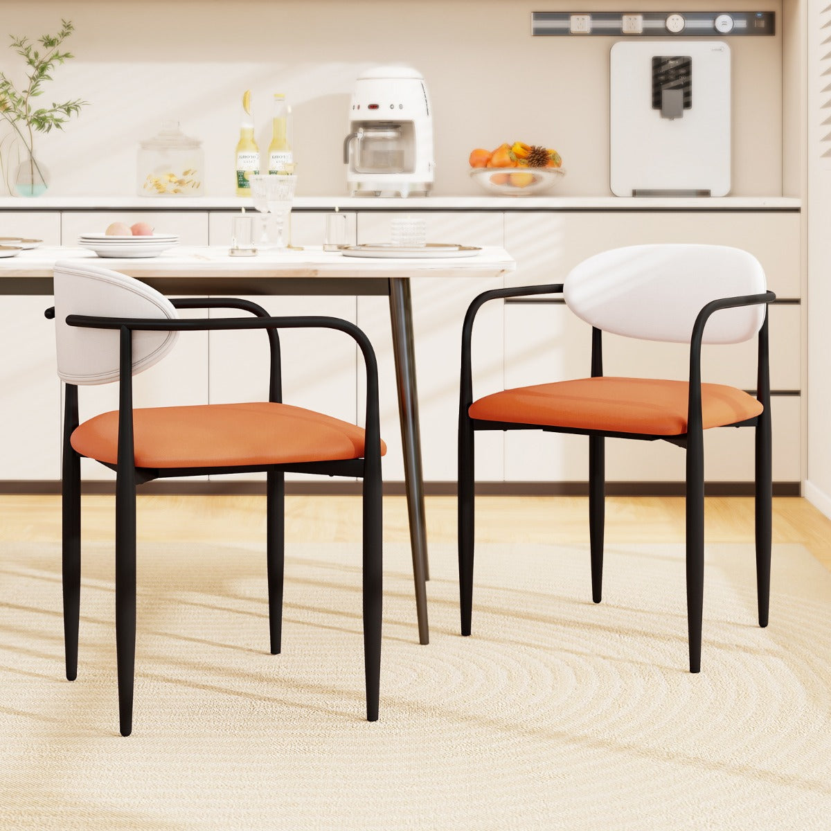 LIVSK Eetkamerstoelen Set van 2 - Ruime Zitting - Gebogen Rugleuning - Metalen Frame - Tot 150 kg - Wit + Oranje + Zwart