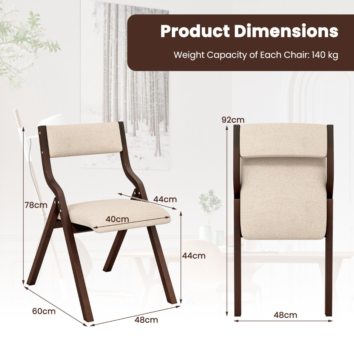 LIVSK Klapstoelen Set van 2 - Opvouwbaar en Ruimtebesparend - Robuust Houten Frame - Tot 140 kg - Koffie+Beige