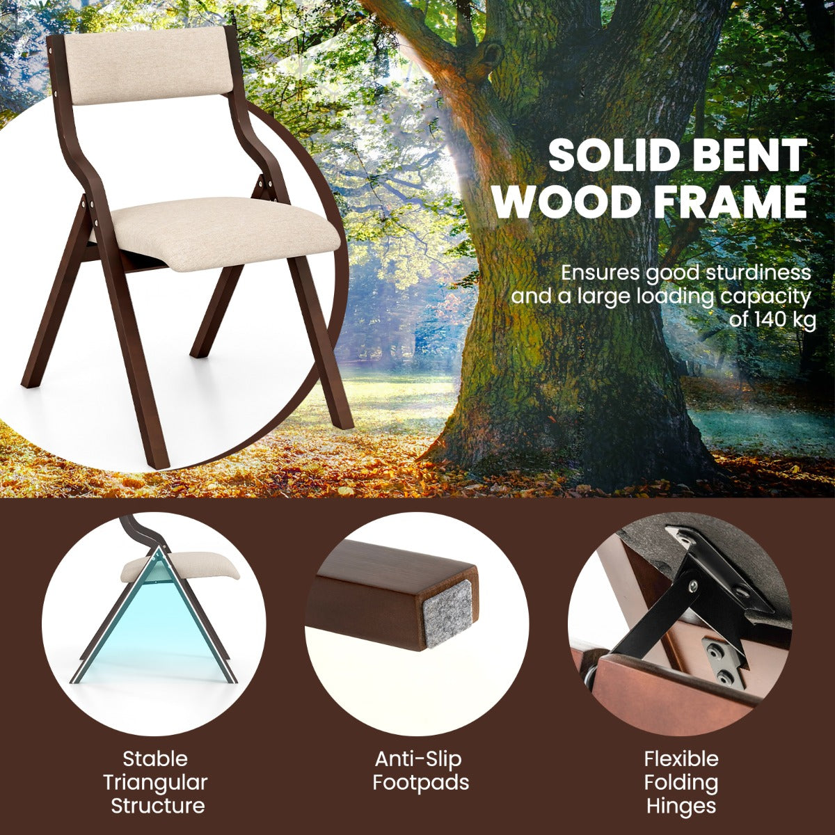 LIVSK Klapstoelen Set van 2 - Opvouwbaar en Ruimtebesparend - Robuust Houten Frame - Tot 140 kg - Koffie+Beige