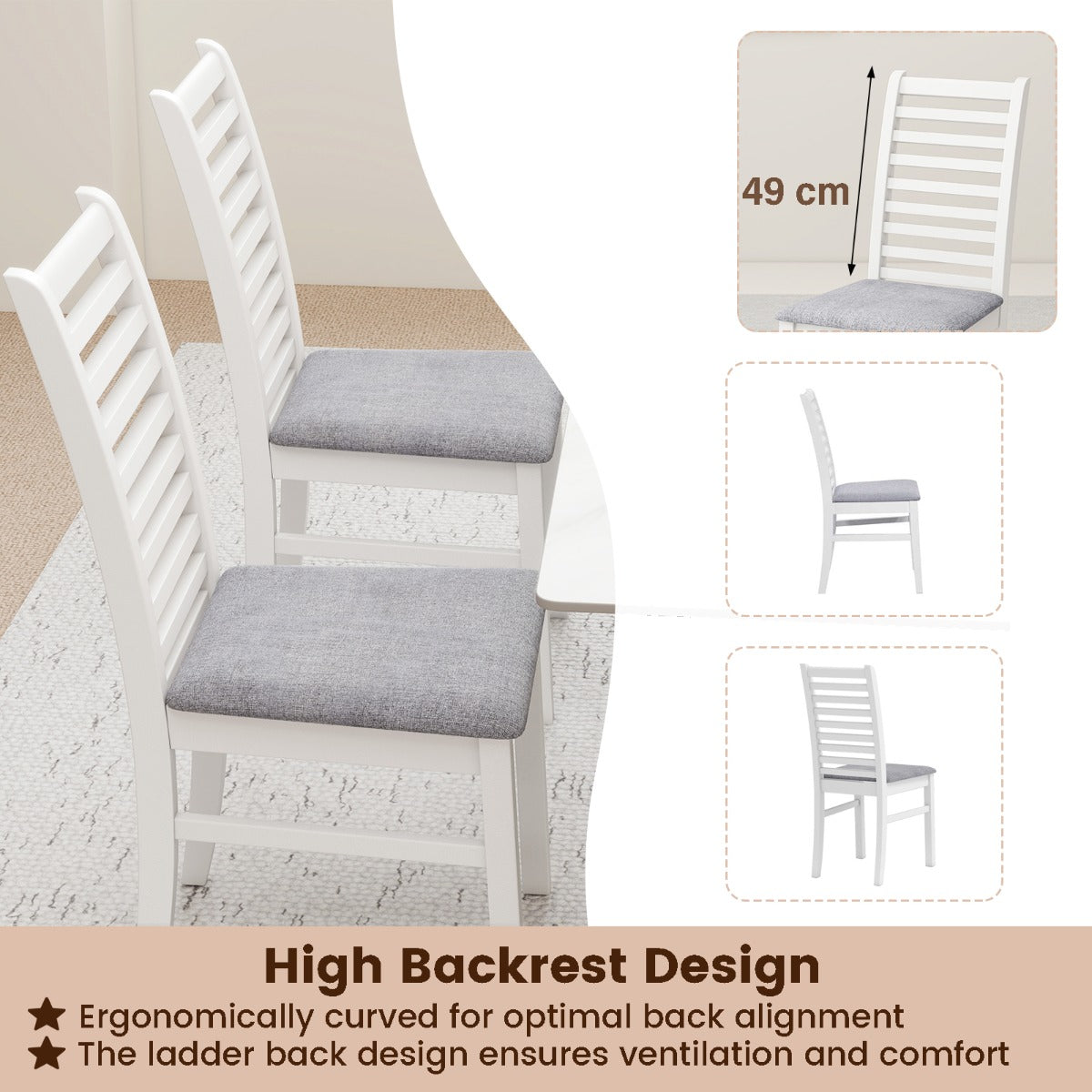 LIVSK Houten Eetkamerstoelen - Set van 2 - Kunstleren Bekleding - Ergonomisch - Draagvermogen 180 kg - Wit + Grijs