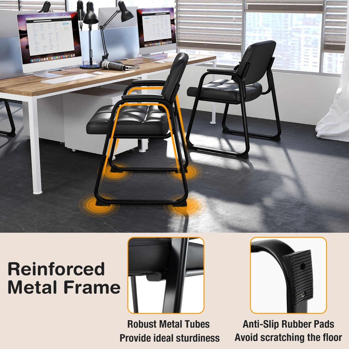LIVSK Ergonomische Gastenstoelen - Schuimvulling - Kunstleren Bekleding - Robuust Metaal - Tot 120 kg - Zwart