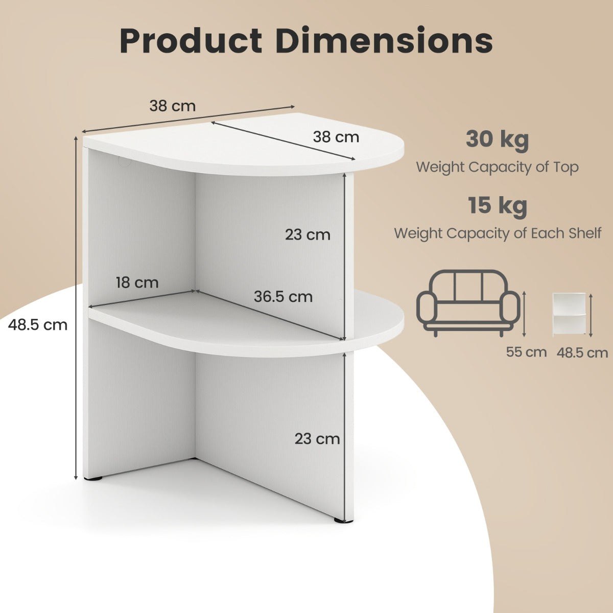 LIVSK Halfronde Bijzettafel Set - 2 Open Planken - Compact en Elegant - 38 x 38 x 48,5 cm - Wit