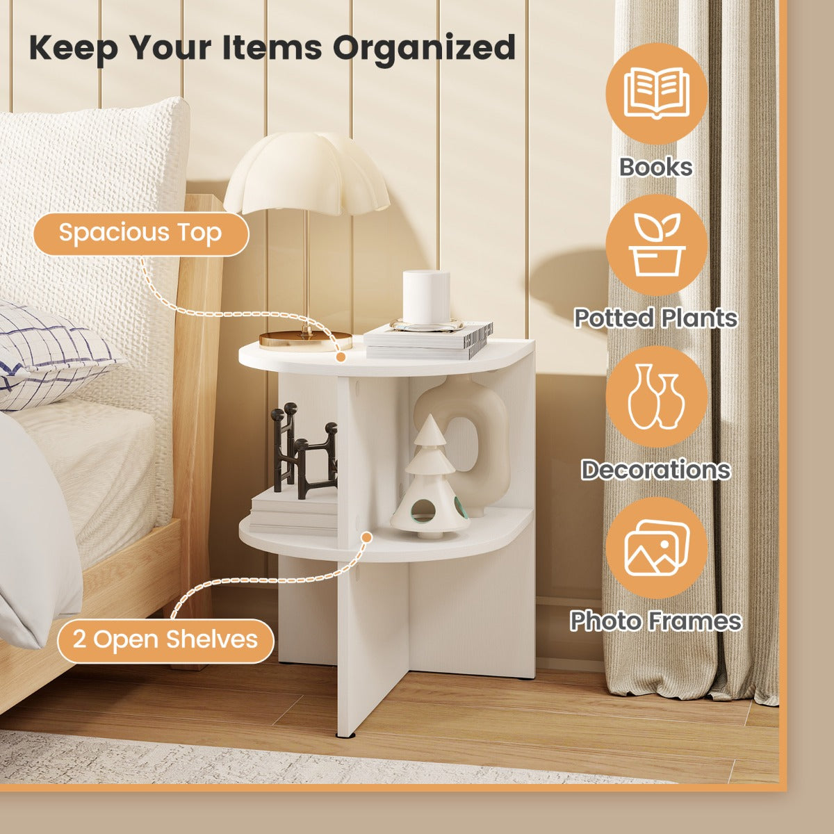 LIVSK Halfronde Bijzettafel Set - 2 Open Planken - Compact en Elegant - 38 x 38 x 48,5 cm - Wit
