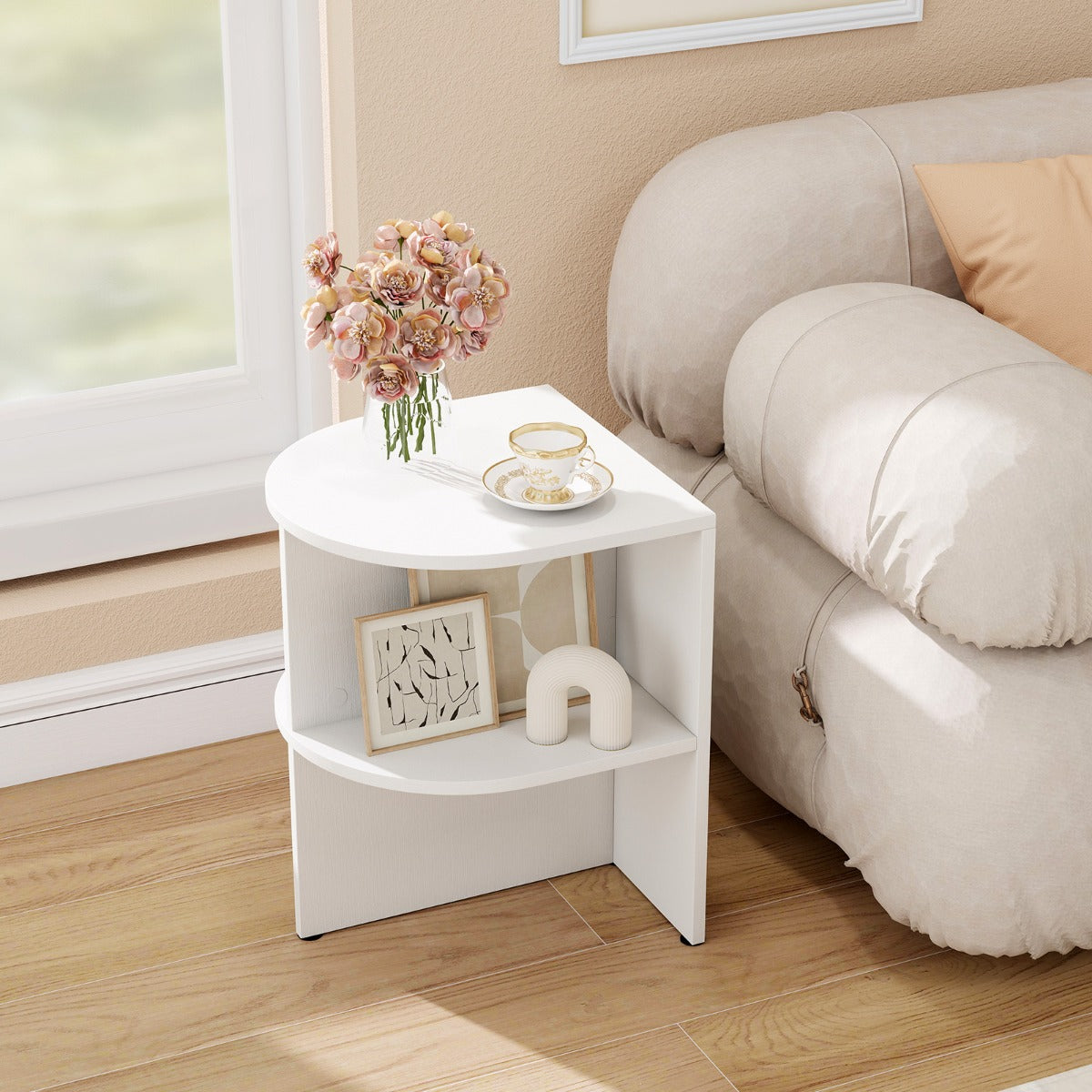 LIVSK Halfronde Bijzettafel Set - 2 Open Planken - Compact en Elegant - 38 x 38 x 48,5 cm - Wit