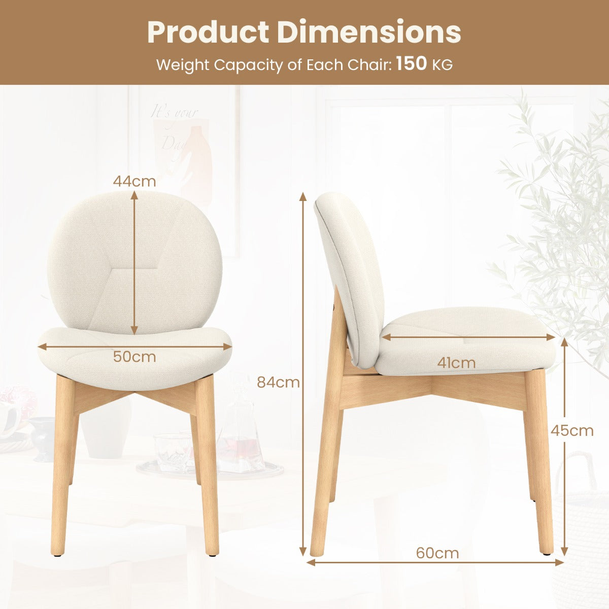 LIVSK Houten Eetkamerstoelen - Rubberhout Poten - Ergonomisch Ontwerp - Hoogdicht Schuim - Set van 2 - Wit+Natuurlijk