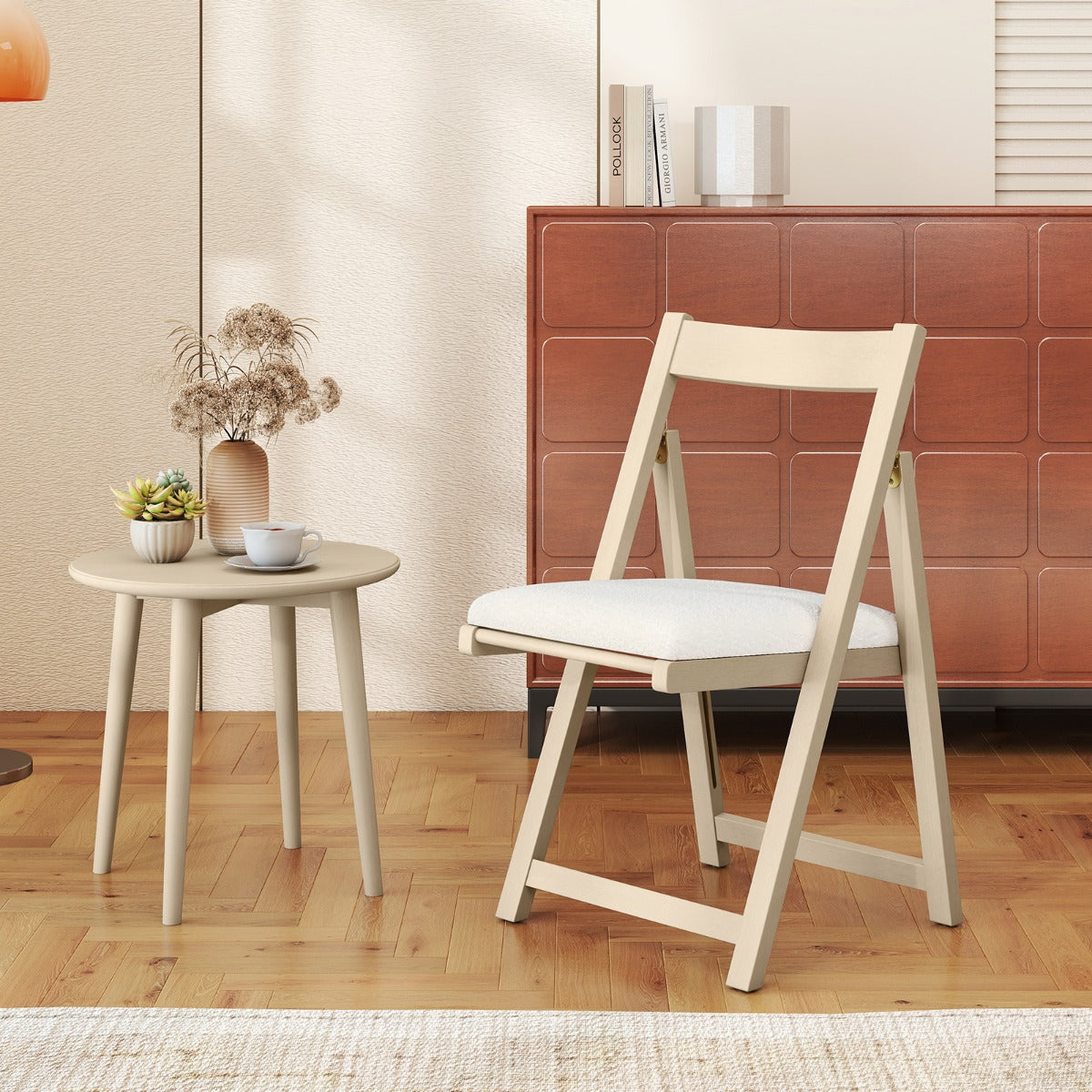 LIVSK Opklapstoel - Rubberhout Frame - Hoogdichtheidsschuim - Faux Sherpa Bekleding - Ruimtebesparend - Beige