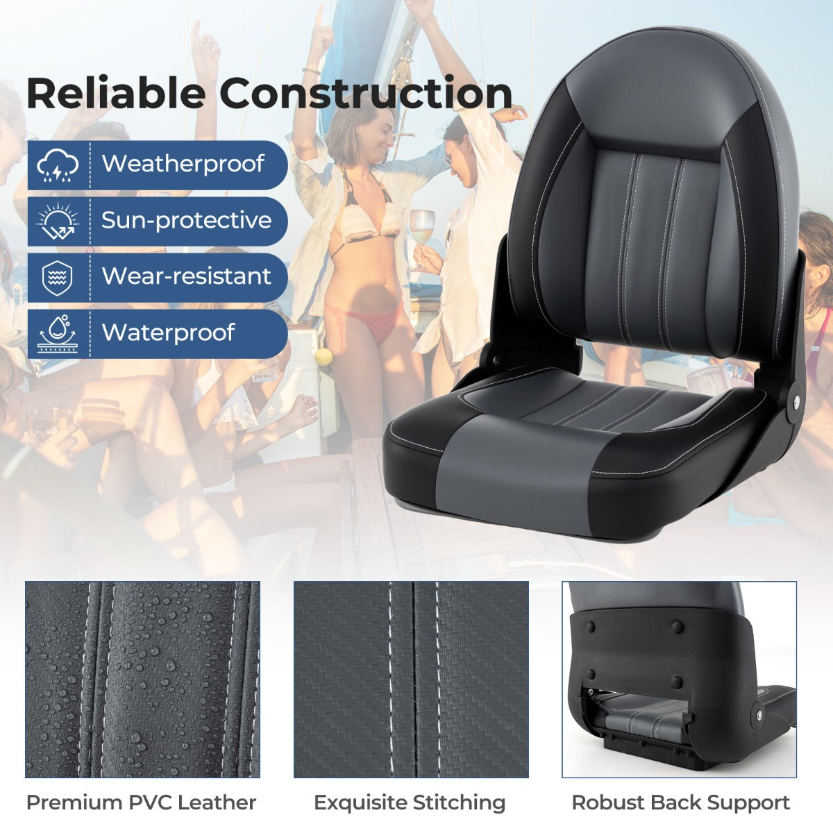 LIVSK Bootstoelset - Ergonomisch en Inklapbaar - Weerbestendig PVC-leer - Eenvoudige Montage - Draagvermogen 150 kg - Zwart +