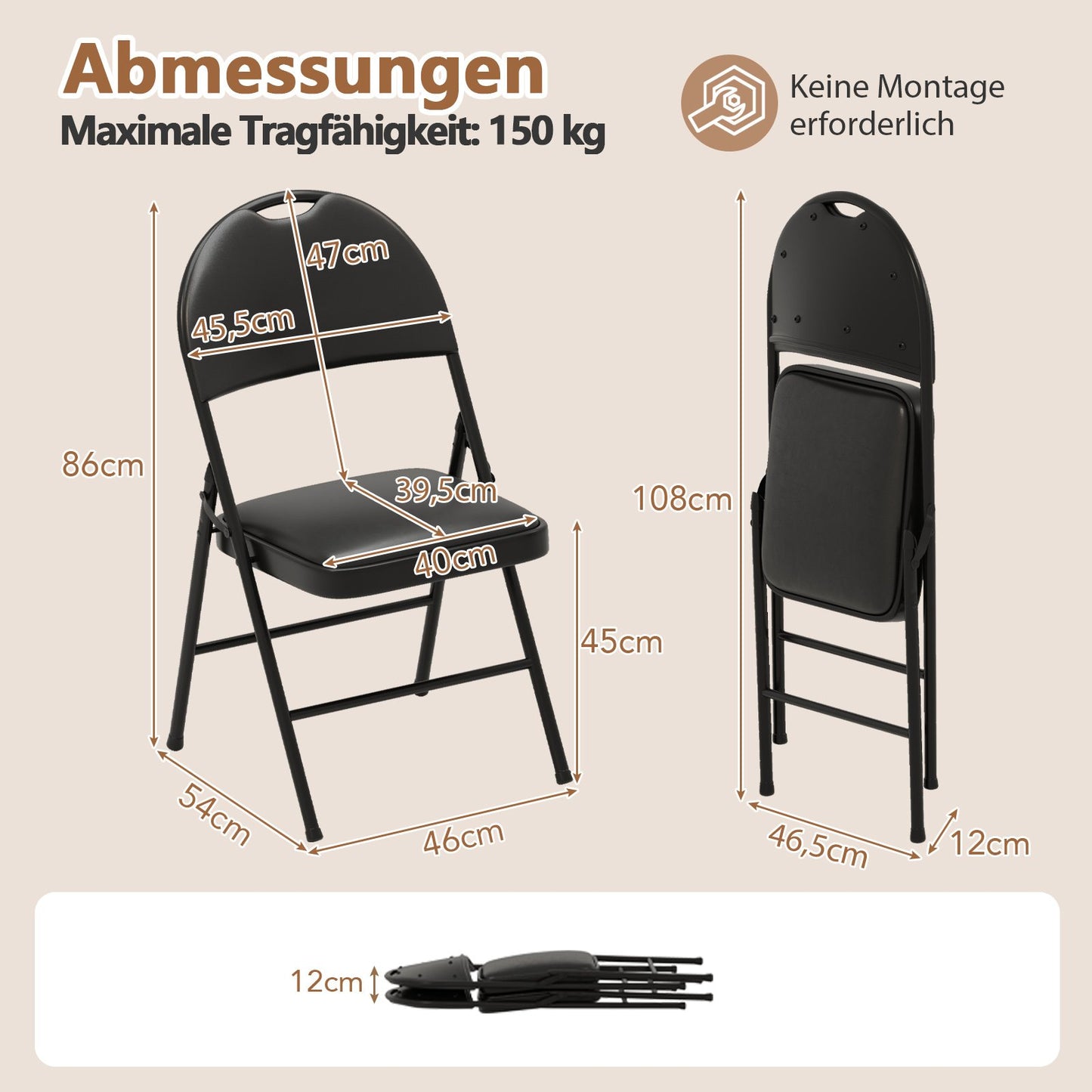 LIVSK Gestoffeerde Klapstoelen Set - Ergonomische Rugleuning - Vouwbaar - Draagvermogen tot 150 kg - Modern Design - Zwart