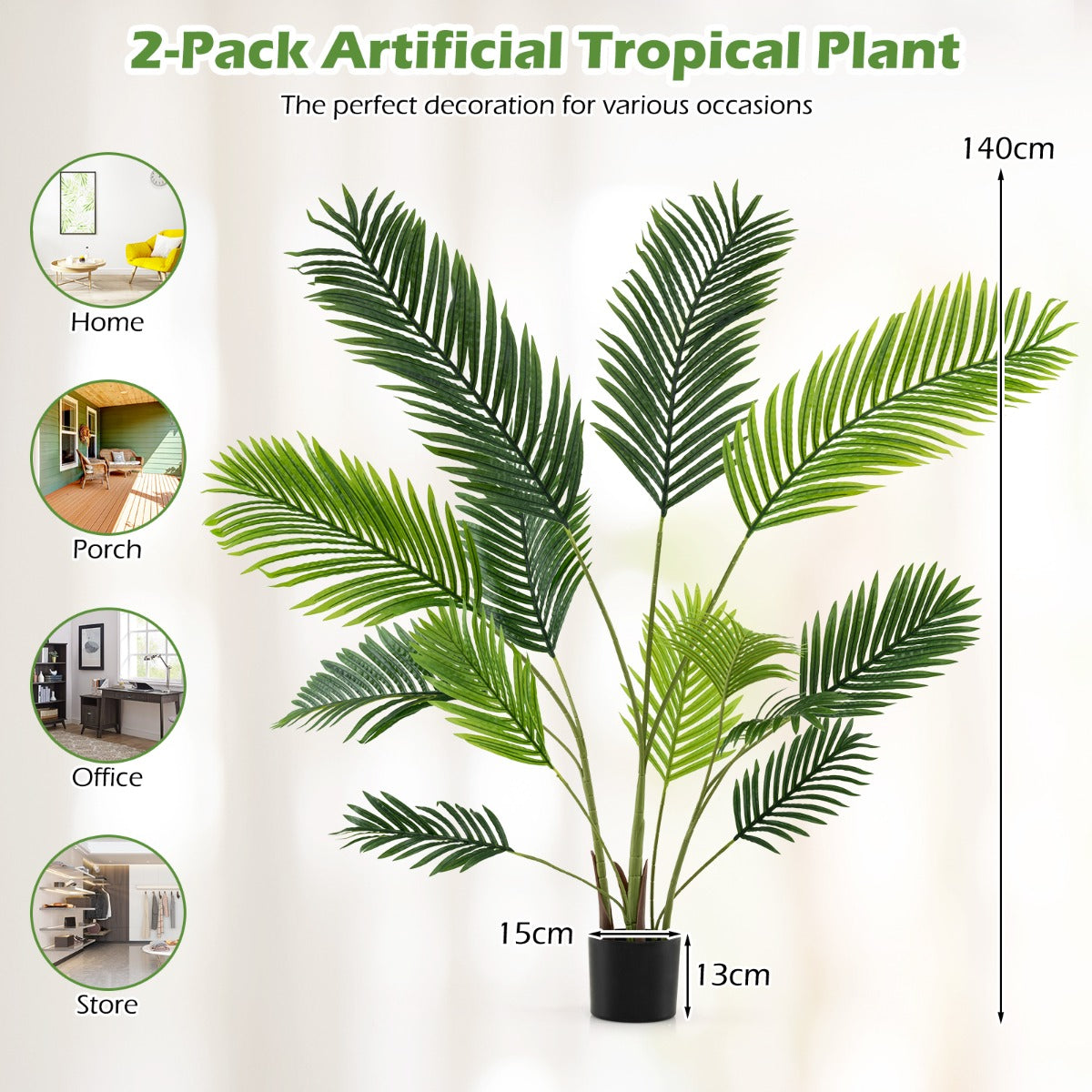 LIVSK 2-delige Kunstmatige Goudpalm Set - Onderhoudsvrij - Realistische Bladeren - Inclusief Pot - 140 cm - Groen