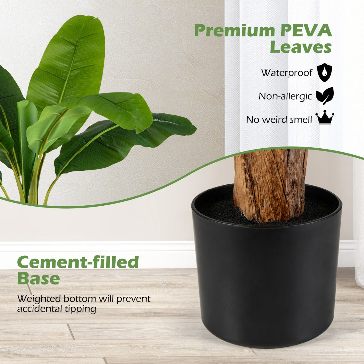 LIVSK Kunstplanten Set Bananenbladbomen - 2-delig - Waterbestendig PEVA - Stevige Cementpot - 107 cm - Groen + Zwart