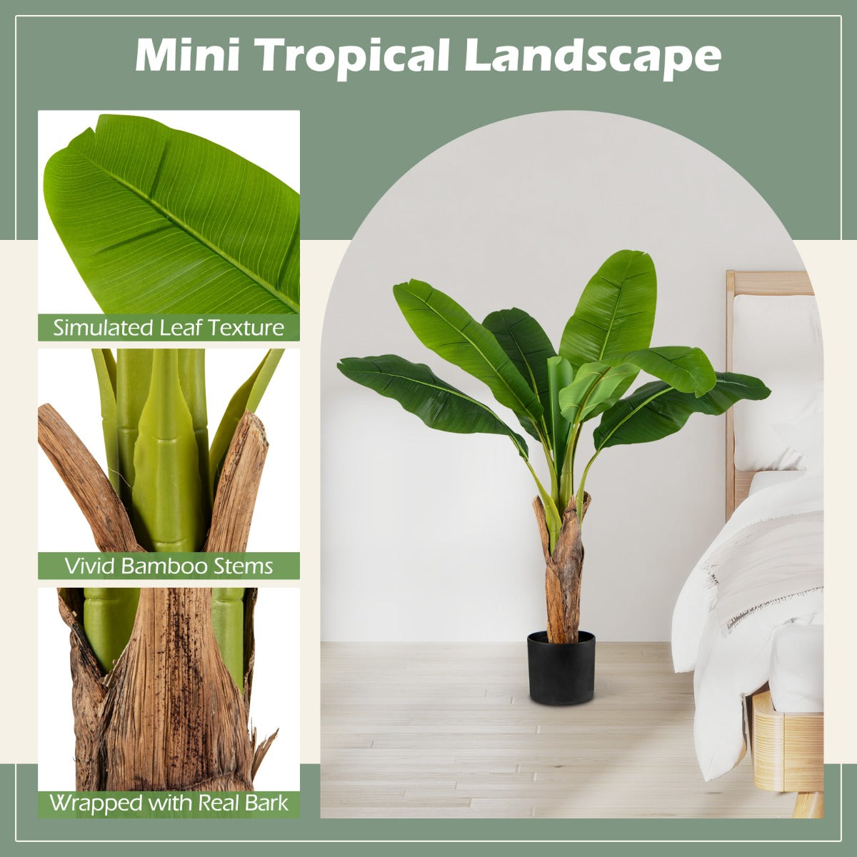 LIVSK Kunstplanten Set Bananenbladbomen - 2-delig - Waterbestendig PEVA - Stevige Cementpot - 107 cm - Groen + Zwart