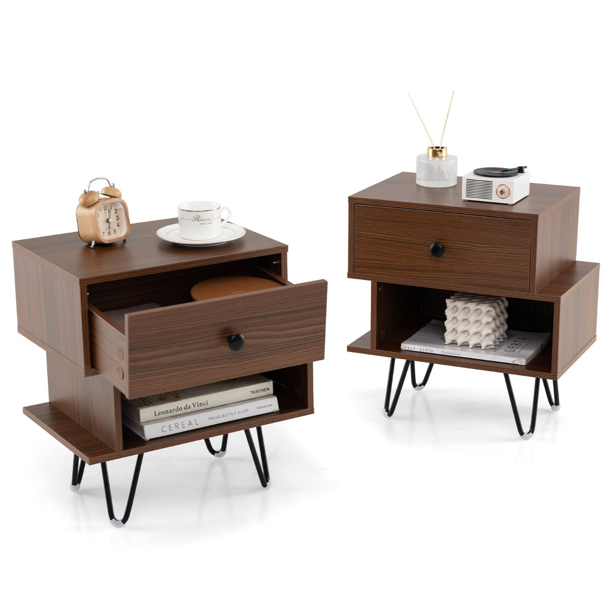 LIVSK Nachttafelset - Afneembare Lade - Open Vak - Mid-Century Design - Stabiele Metalen Poten - 44 x 29 x 47 cm - Bruin