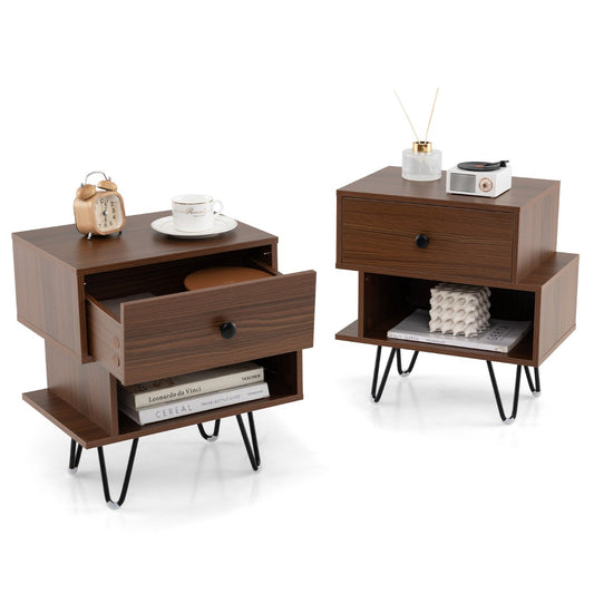 LIVSK Nachttafelset - Afneembare Lade - Open Vak - Mid-Century Design - Stabiele Metalen Poten - 44 x 29 x 47 cm - Bruin