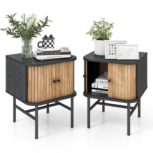 LIVSK Nachtkastje Set van 2 - Schuifdeuren - Handige Opbergruimte - Stevig Hout en Metaal - 40 x 39 x 49 cm - Zwart