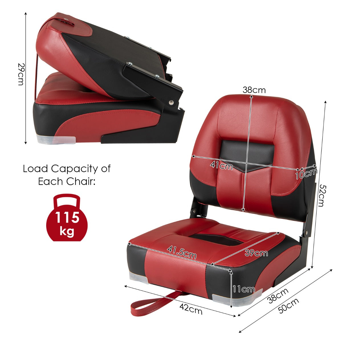LIVSK Set van 2 Bootstoelen - Ergonomische Rugleuning - Weerbestendig PVC - Opvouwbaar - 50 x 42 x 52 cm - Rood