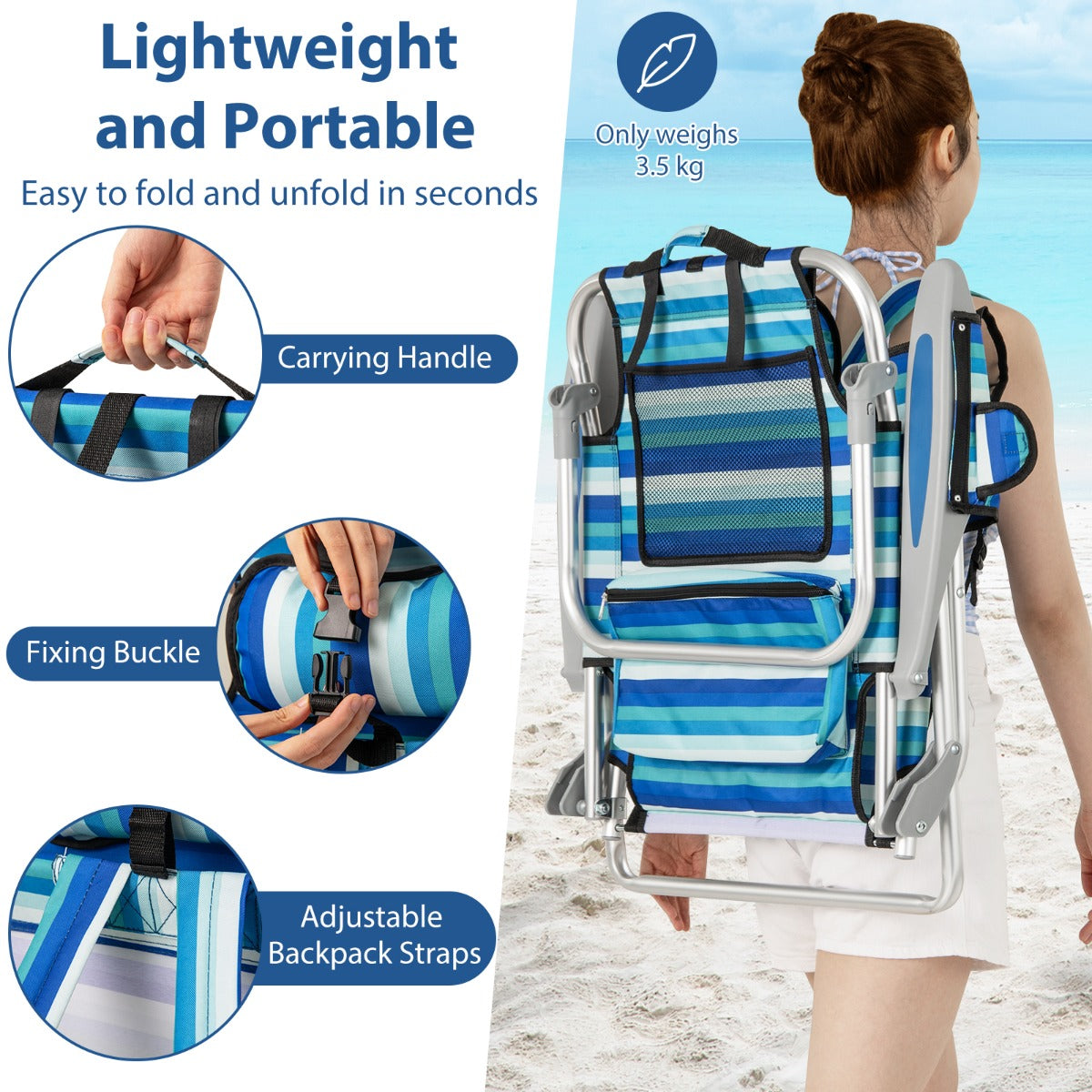 LIVSK Draagbare Strandstoel met Verstelbare Rugleuning - Lichtgewicht en Opvouwbaar - Inclusief Koelbox - Tot 150 kg - Blauw
