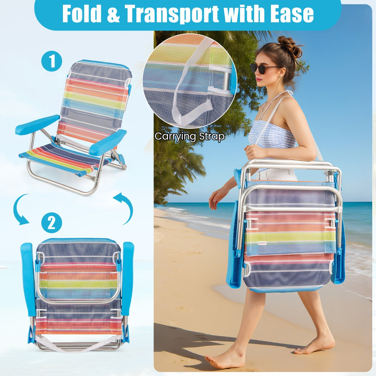 LIVSK Opvouwbare Strandstoelen Set van 2 - Verstelbare Rugleuning - Lichtgewicht - Duurzaam - Tot 150 kg - Grijs