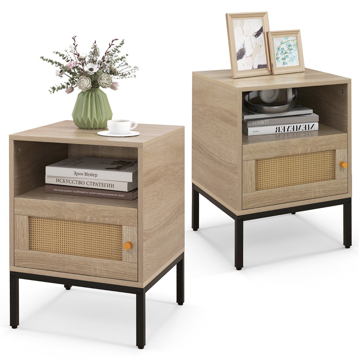 LIVSK Rattan Nachtkastje Set - Bohemien Stijl - Ruim Tafelblad, Open Plank en Lade - Eenvoudige Montage - Natuurlijk