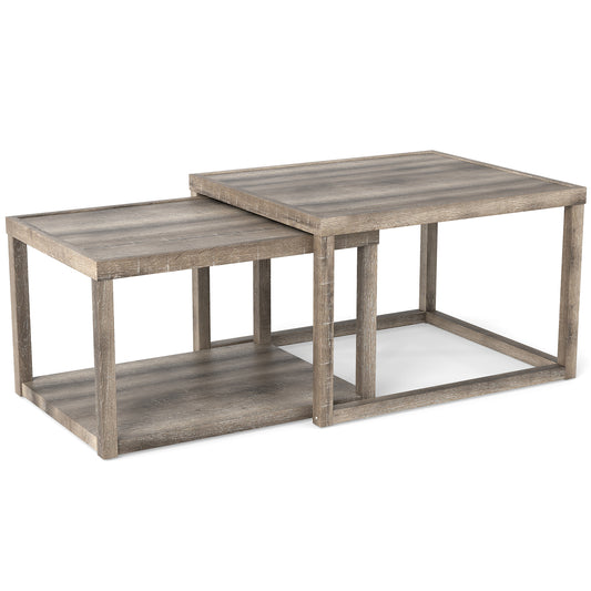 LIVSK Nesting Salontafels Set van 2 - Stapelbaar met Opbergruimte - Robuust Rubberhout - Boerderij Stijl - Grijs