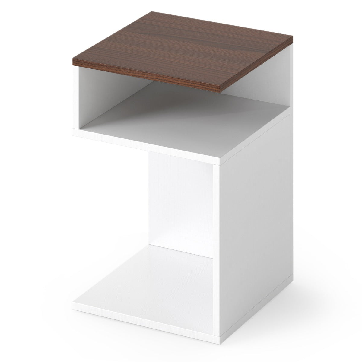LIVSK Bijzettafel Set - S-vormig met 2 Open Vakken - Sterke Constructie - Antislip Voetjes - 33 x 33 x 50 cm - Wit/Notenhout