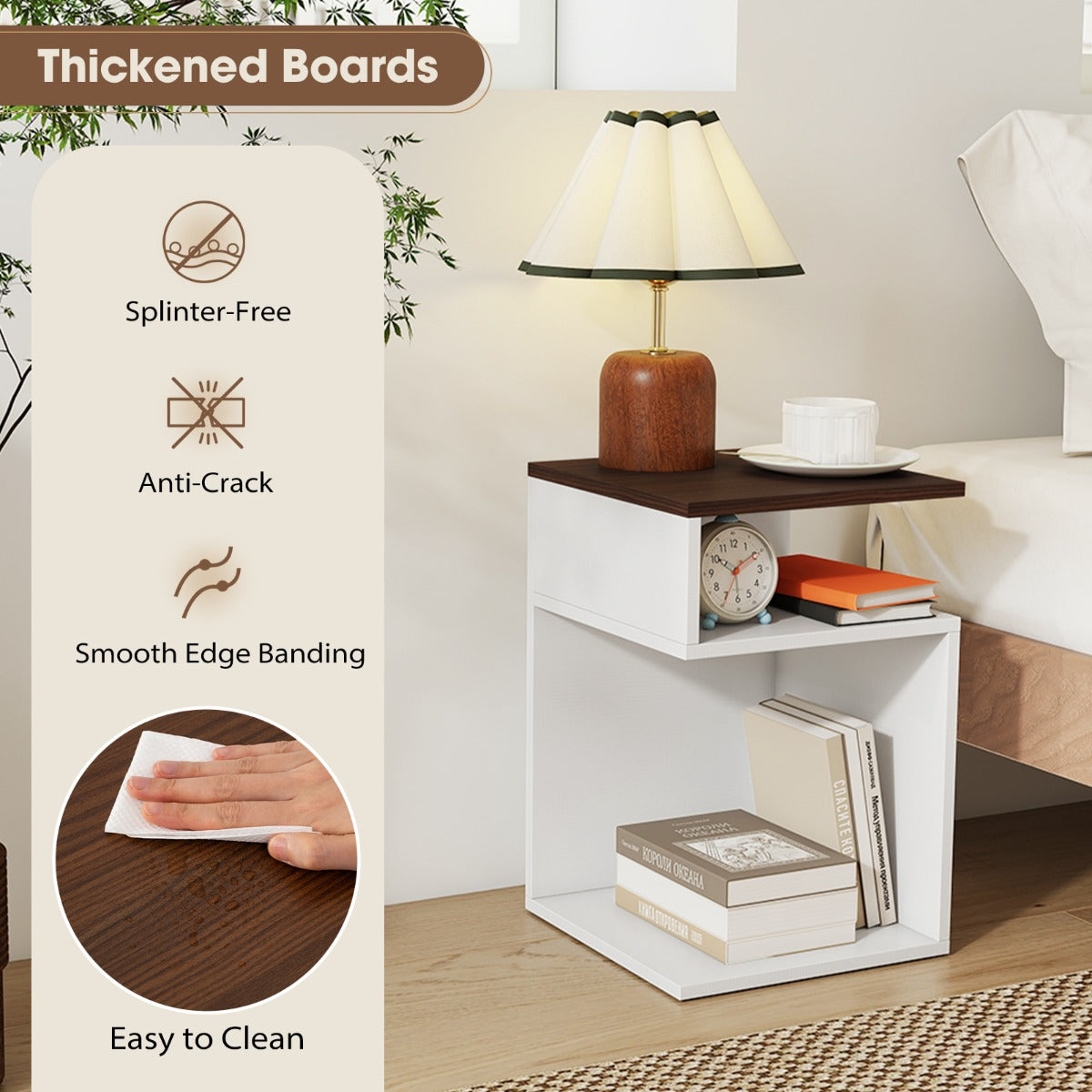LIVSK Bijzettafel Set - S-vormig met 2 Open Vakken - Sterke Constructie - Antislip Voetjes - 33 x 33 x 50 cm - Wit/Notenhout