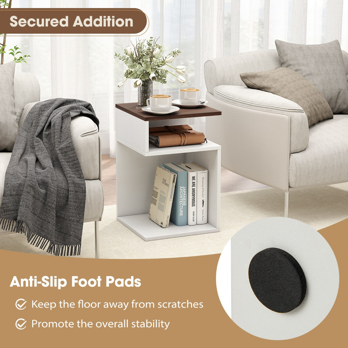 LIVSK Bijzettafel Set - S-vormig met 2 Open Vakken - Sterke Constructie - Antislip Voetjes - 33 x 33 x 50 cm - Wit/Notenhout