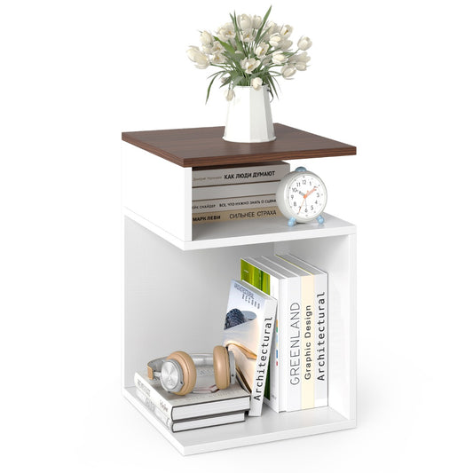 LIVSK Bijzettafel Set - S-vormig met 2 Open Vakken - Sterke Constructie - Antislip Voetjes - 33 x 33 x 50 cm - Wit/Notenhout
