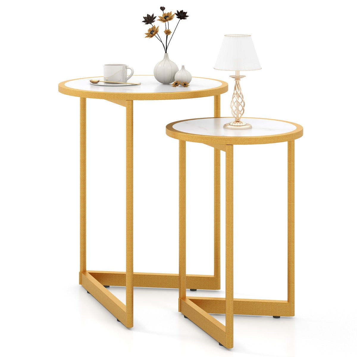 LIVSK Salontafelset - Wit Kunstmarmer met Gouden Frame - Ronde Tafels met V-vormige Basis - Waterdicht - Flexibel Gebruik - Wit +