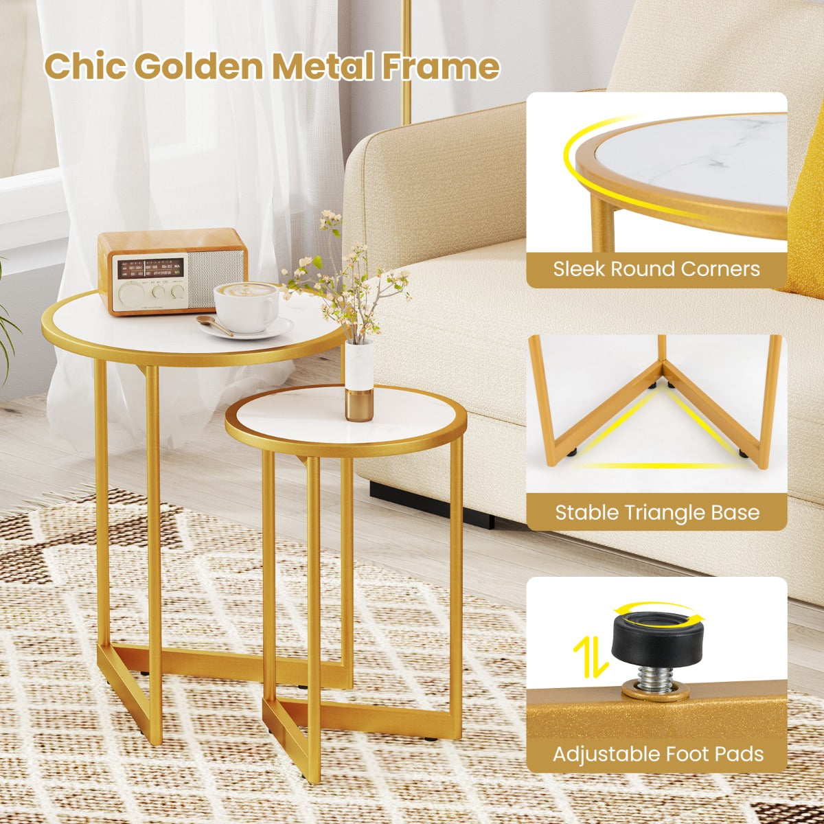 LIVSK Salontafelset - Wit Kunstmarmer met Gouden Frame - Ronde Tafels met V-vormige Basis - Waterdicht - Flexibel Gebruik - Wit +