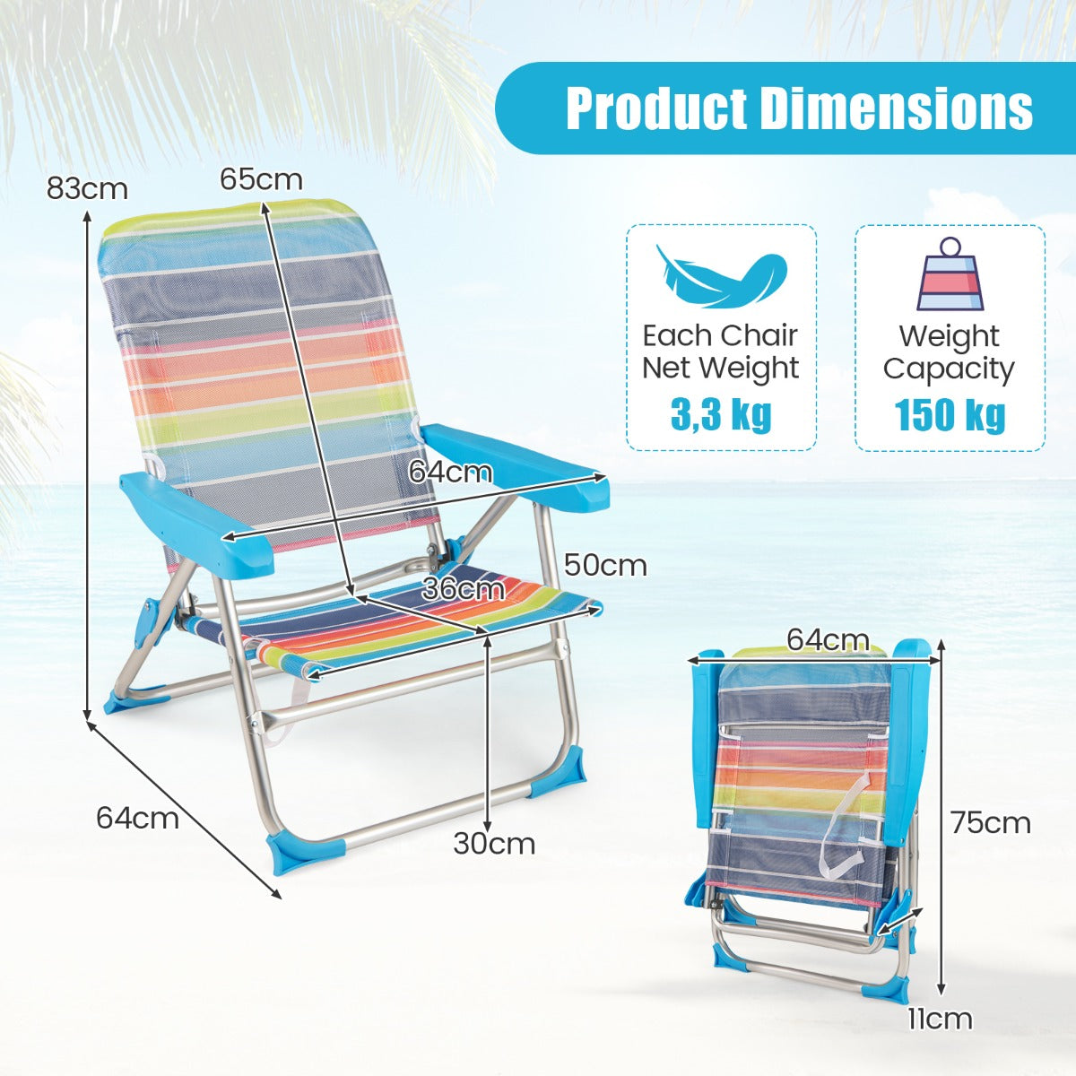 LIVSK Opvouwbare Strandstoelen Set van 2 - Verstelbare Rugleuning - Ademend en Snel Droog - Tot 150 kg - 64 x 64 x 83 cm - Zoals