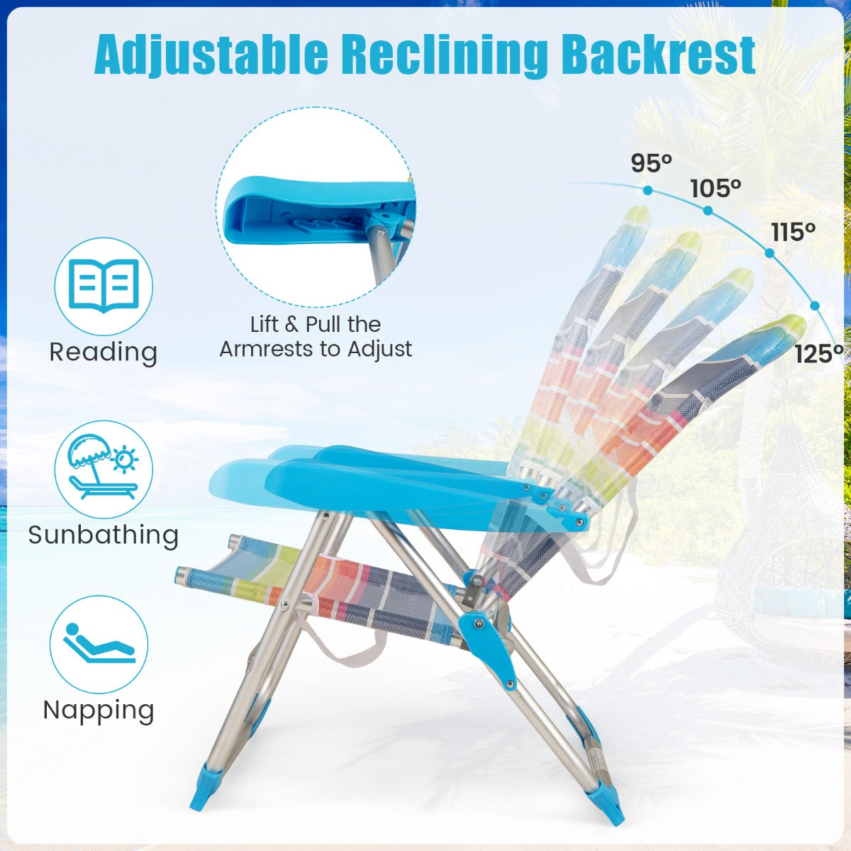 LIVSK Opvouwbare Strandstoelen Set van 2 - Verstelbare Rugleuning - Ademend en Snel Droog - Tot 150 kg - 64 x 64 x 83 cm - Zoals