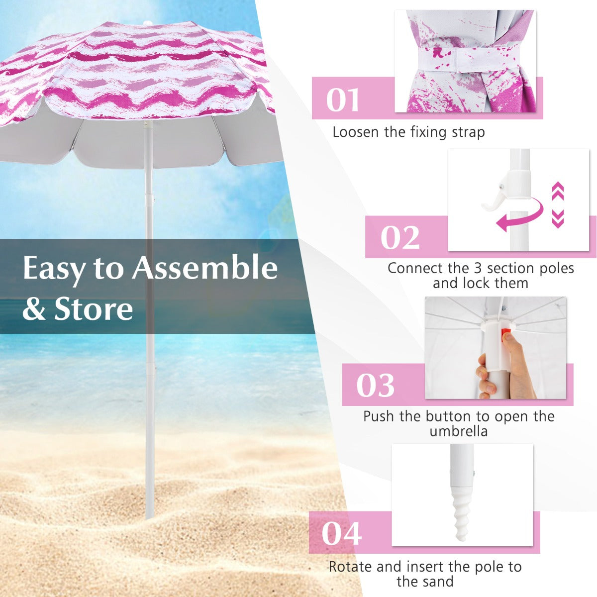 LIVSK Strandset - Parasol 173 cm - 2 Opvouwbare Stoelen 56 x 51 x 69 cm - Ruime Stranddeken 200 x 200 cm - Draagtas - Roze