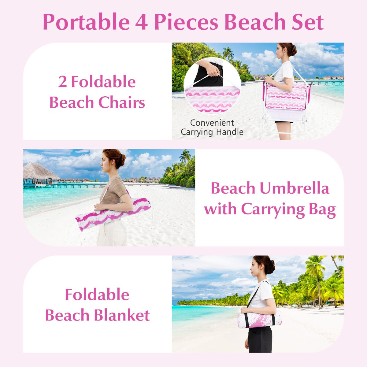 LIVSK Strandset - Parasol 173 cm - 2 Opvouwbare Stoelen 56 x 51 x 69 cm - Ruime Stranddeken 200 x 200 cm - Draagtas - Roze