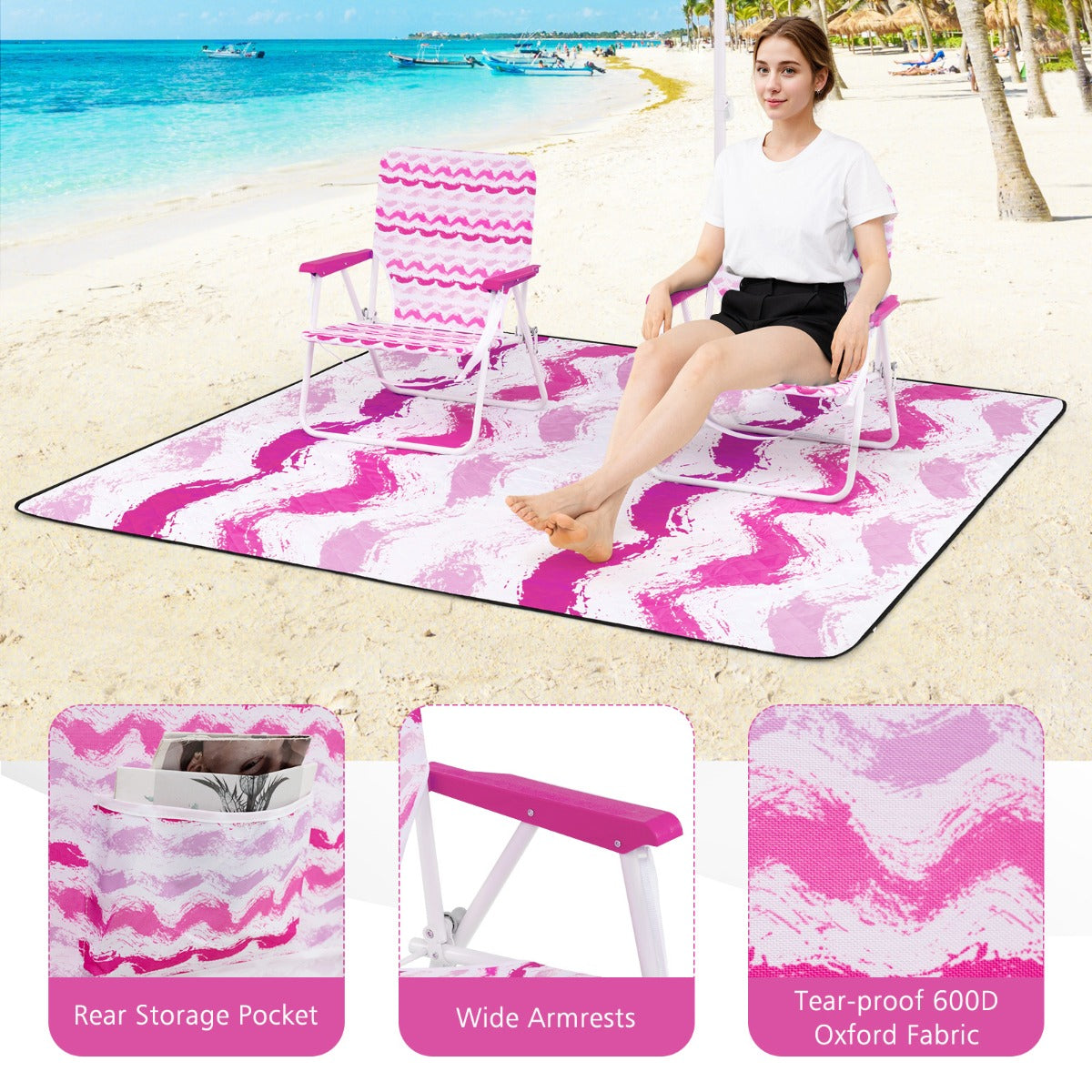 LIVSK Strandset - Parasol 173 cm - 2 Opvouwbare Stoelen 56 x 51 x 69 cm - Ruime Stranddeken 200 x 200 cm - Draagtas - Roze