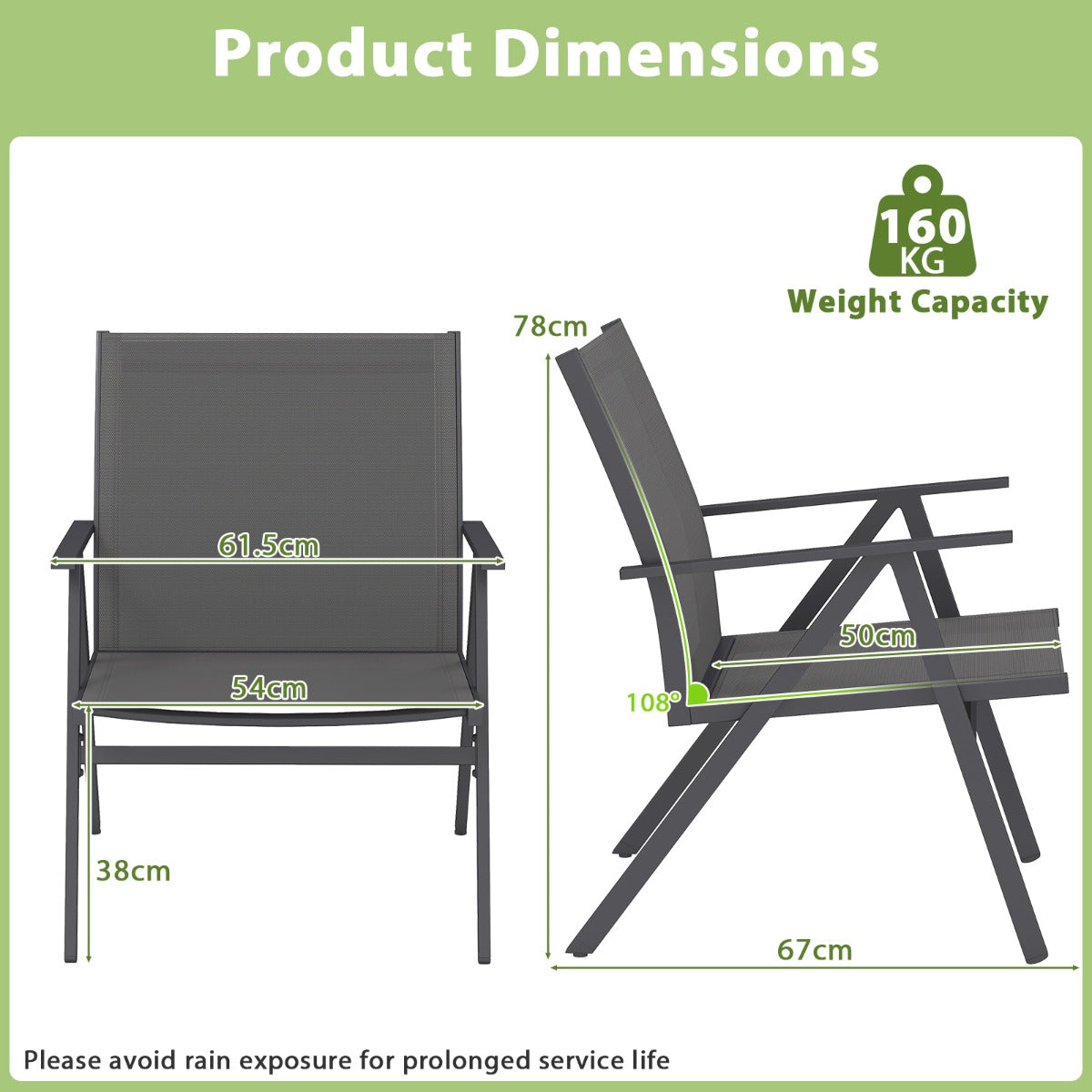 LIVSK Metalen Tuinstoelen - 2-delige set - Ergonomisch met Verstelbare Voetsteunen - Ademend en Snel Droog - Grijs