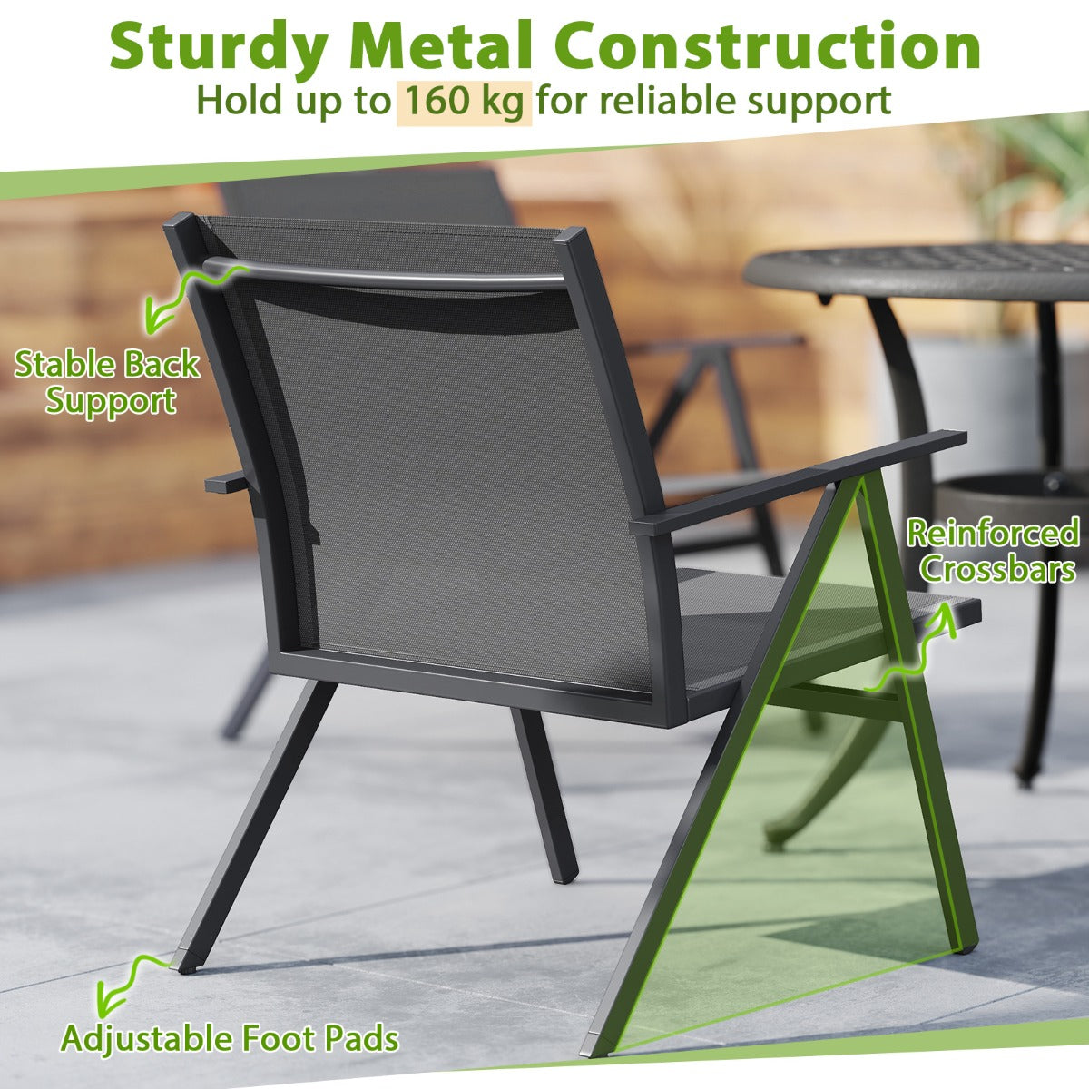 LIVSK Metalen Tuinstoelen - 2-delige set - Ergonomisch met Verstelbare Voetsteunen - Ademend en Snel Droog - Grijs