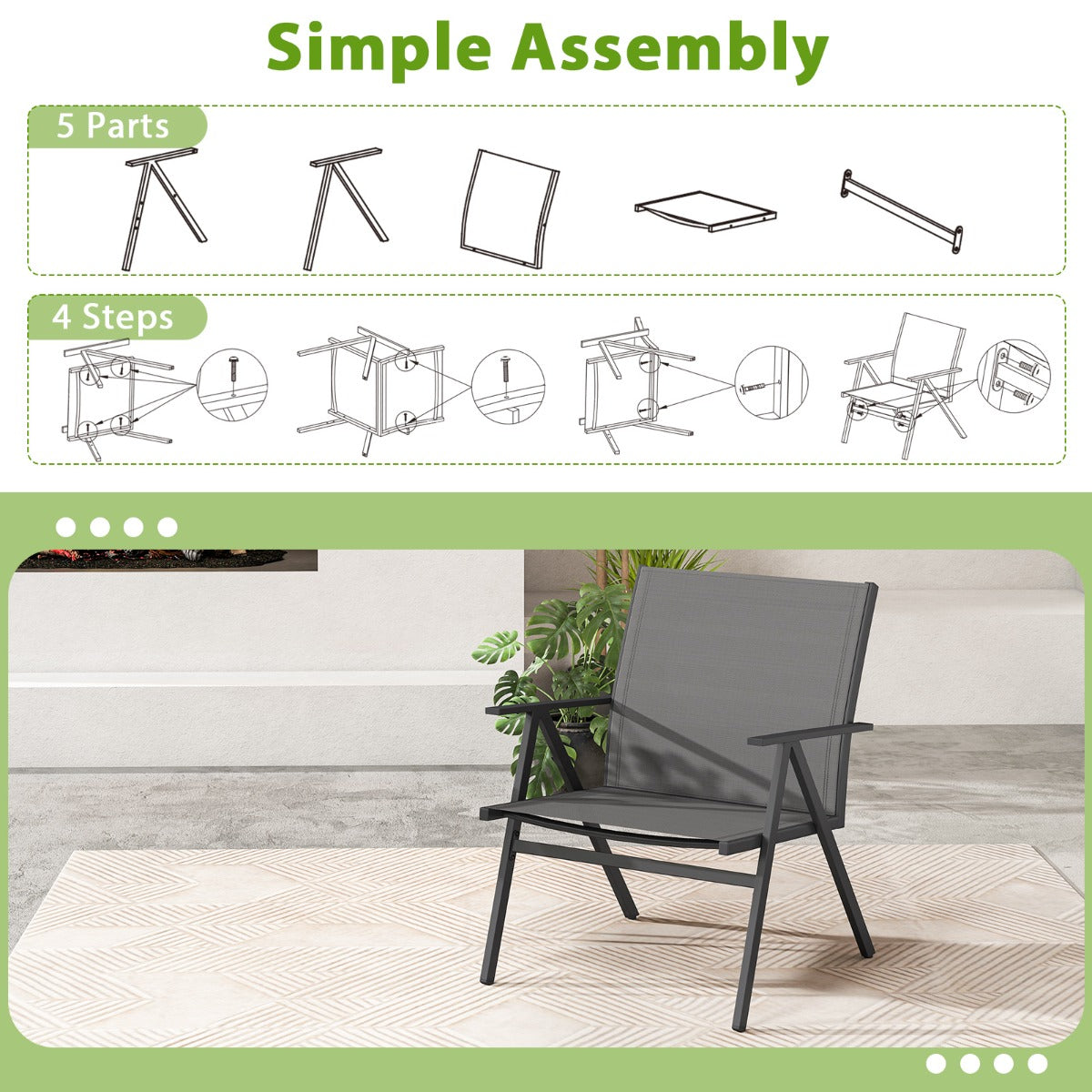 LIVSK Metalen Tuinstoelen - 2-delige set - Ergonomisch met Verstelbare Voetsteunen - Ademend en Snel Droog - Grijs