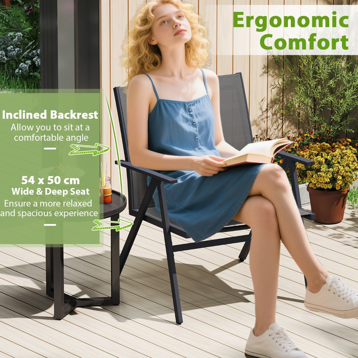 LIVSK Metalen Tuinstoelen - 2-delige set - Ergonomisch met Verstelbare Voetsteunen - Ademend en Snel Droog - Grijs