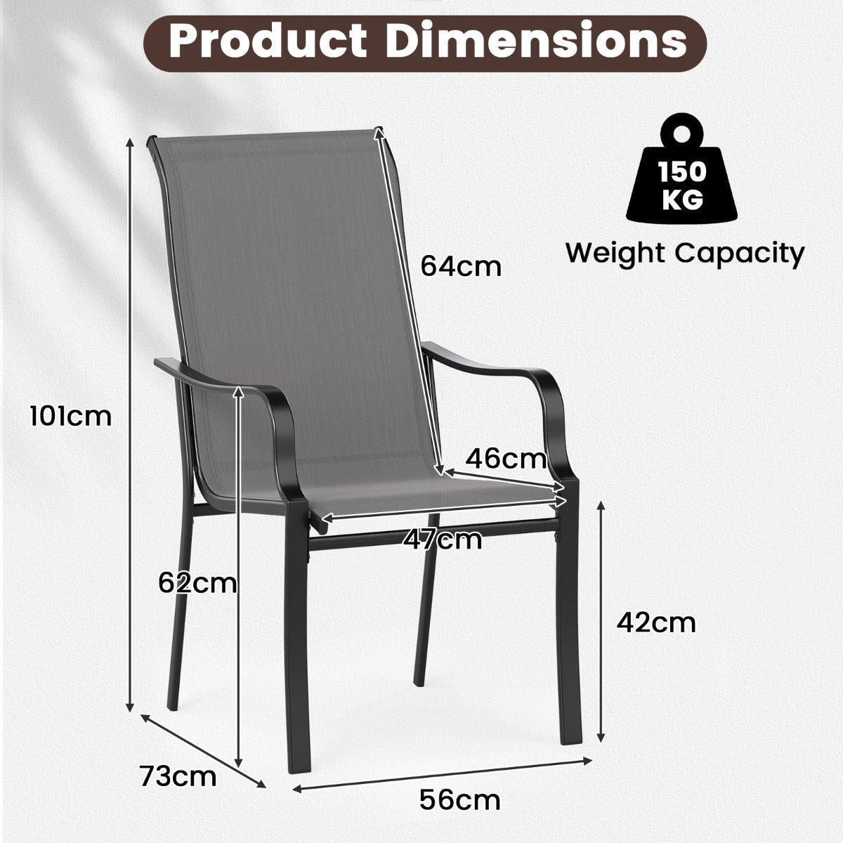 LIVSK Tuin-eetstoelset - Ergonomisch met Hoge Rugleuning - Metaal - Belastbaar tot 150 kg - Modern Design - Grijs