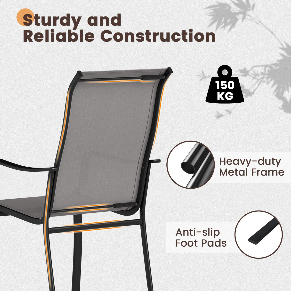 LIVSK Tuin-eetstoelset - Ergonomisch met Hoge Rugleuning - Metaal - Belastbaar tot 150 kg - Modern Design - Grijs