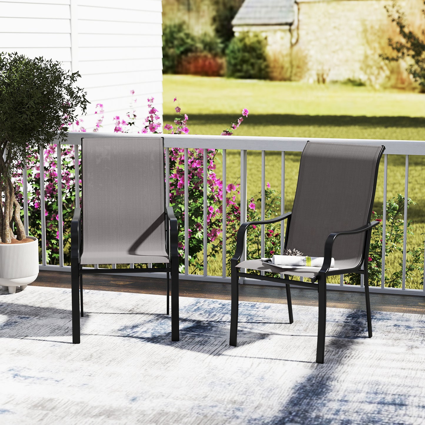 LIVSK Tuin-eetstoelset - Ergonomisch met Hoge Rugleuning - Metaal - Belastbaar tot 150 kg - Modern Design - Grijs