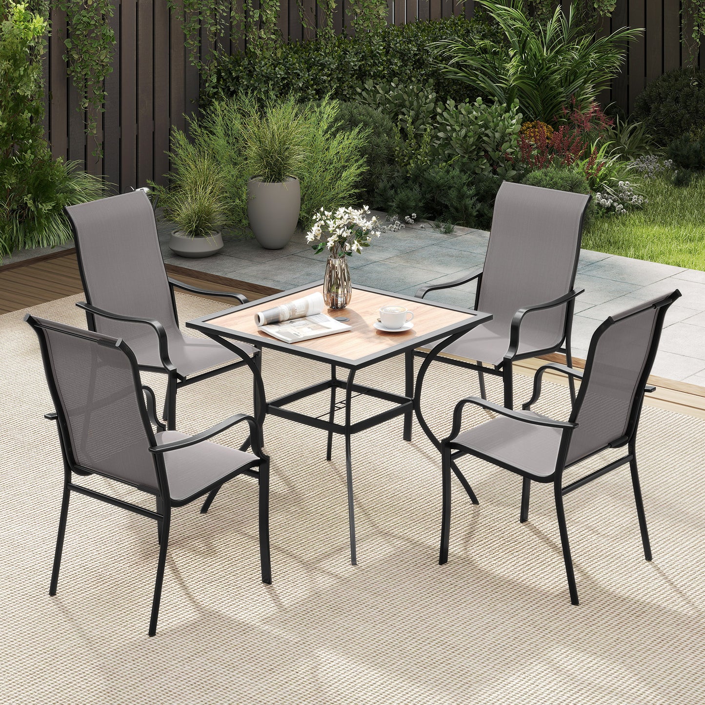 LIVSK Tuin-eetstoelset - Ergonomisch met Hoge Rugleuning - Metaal - Belastbaar tot 150 kg - Modern Design - Grijs