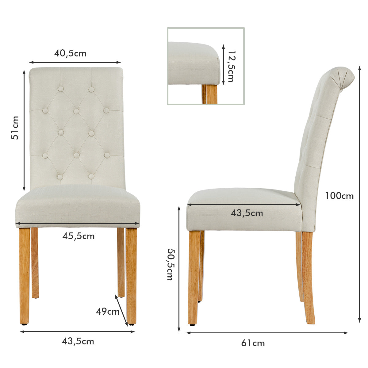 LIVSK Gestoffeerde Eetkamerstoelen - Hoogveerkrachtig Schuim - Rubberhouten Poten - Set van 2 - Tot 150 kg - Beige