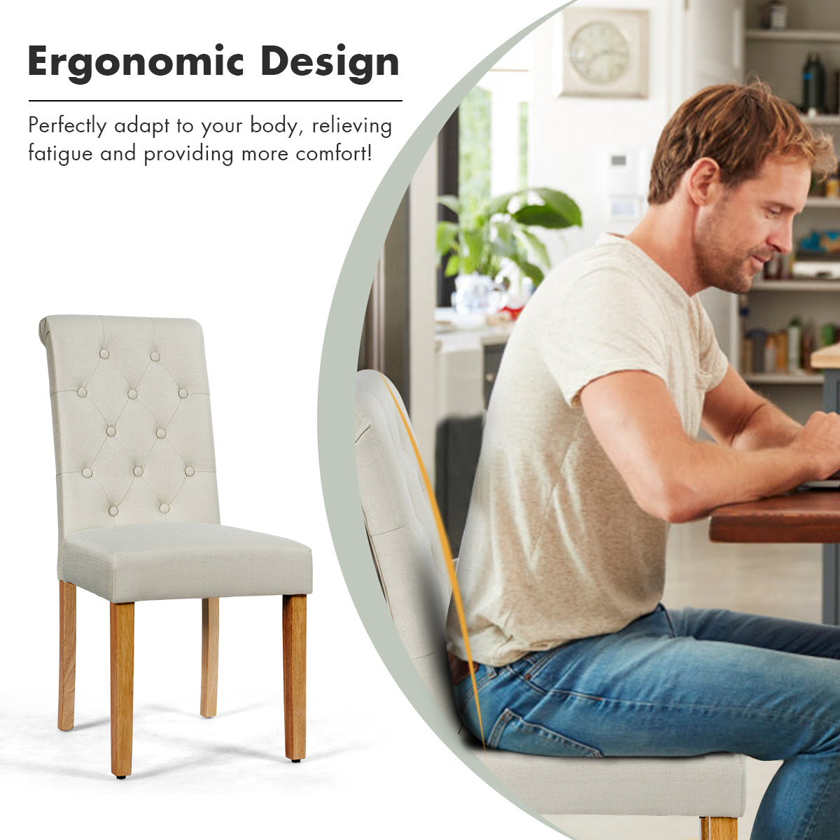 LIVSK Gestoffeerde Eetkamerstoelen - Hoogveerkrachtig Schuim - Rubberhouten Poten - Set van 2 - Tot 150 kg - Beige