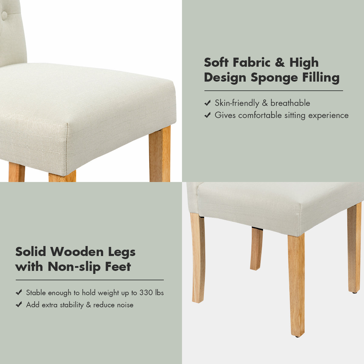 LIVSK Gestoffeerde Eetkamerstoelen - Hoogveerkrachtig Schuim - Rubberhouten Poten - Set van 2 - Tot 150 kg - Beige