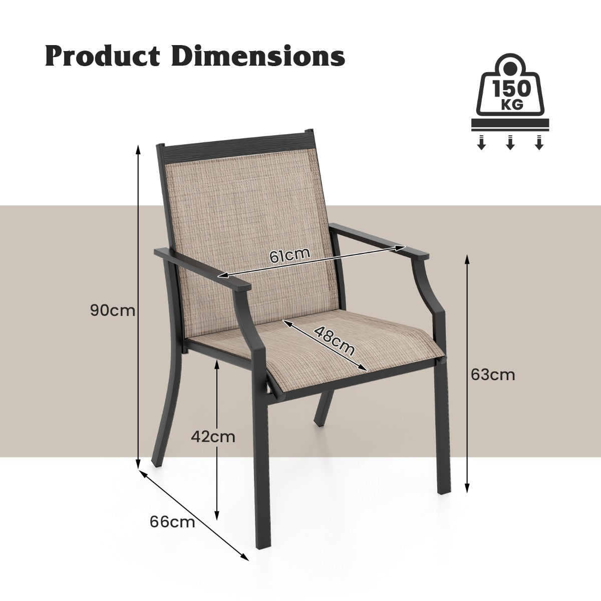 LIVSK Ergonomische Terrasstoelen - Extra Brede Zitting - Duurzame Stof - Stevig Metaal - Tot 150 kg - Bruin