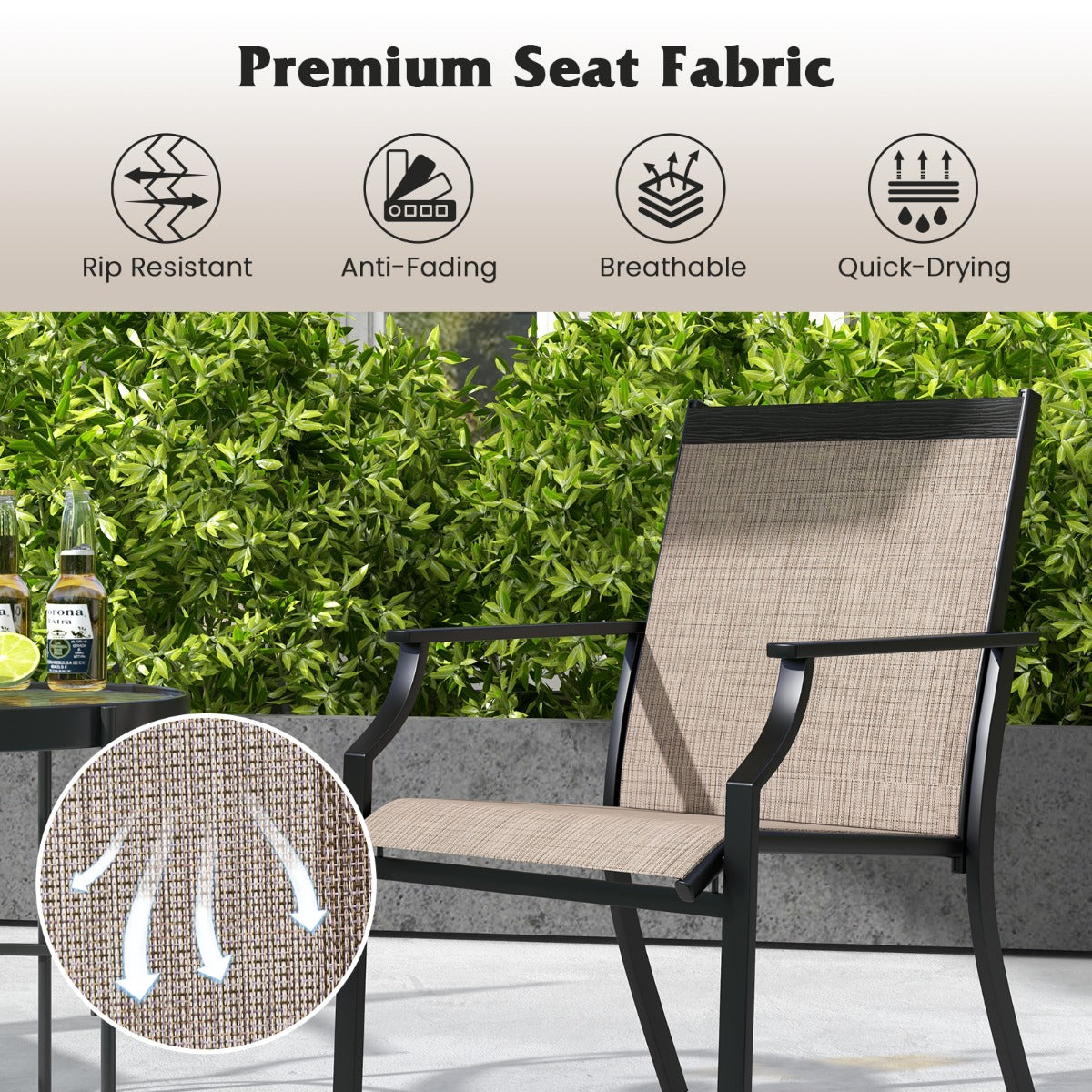 LIVSK Ergonomische Terrasstoelen - Extra Brede Zitting - Duurzame Stof - Stevig Metaal - Tot 150 kg - Bruin