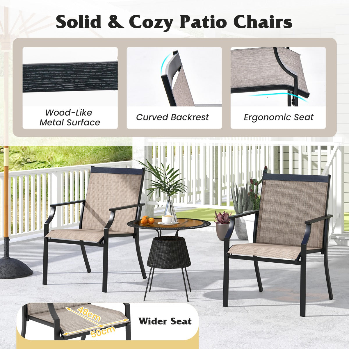 LIVSK Ergonomische Terrasstoelen - Extra Brede Zitting - Duurzame Stof - Stevig Metaal - Tot 150 kg - Bruin