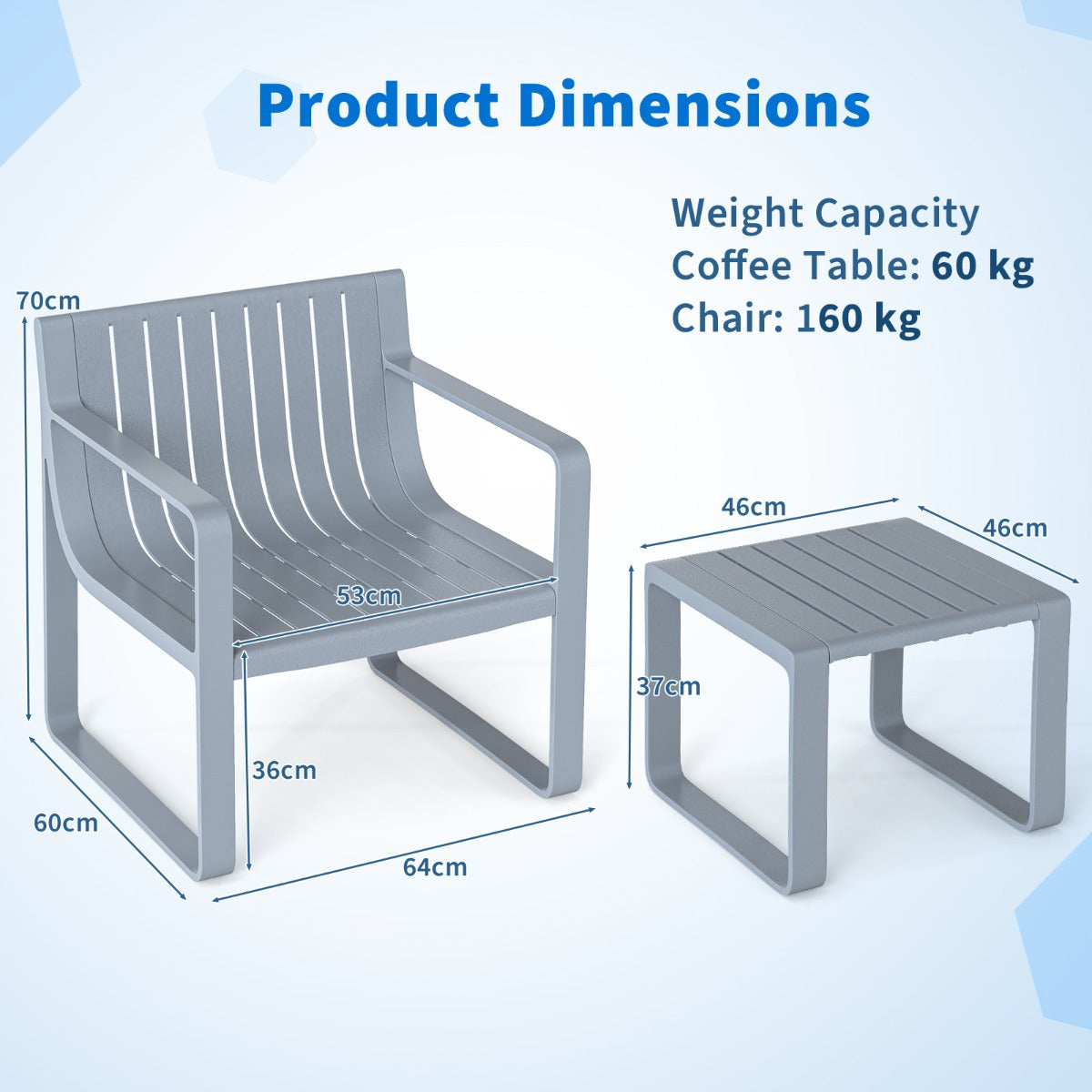 LIVSK Weerbestendige Tuinmeubelset - 2-delig - Ergonomische Stoel met Armleuningen - Multifunctionele Salontafel - Grijs