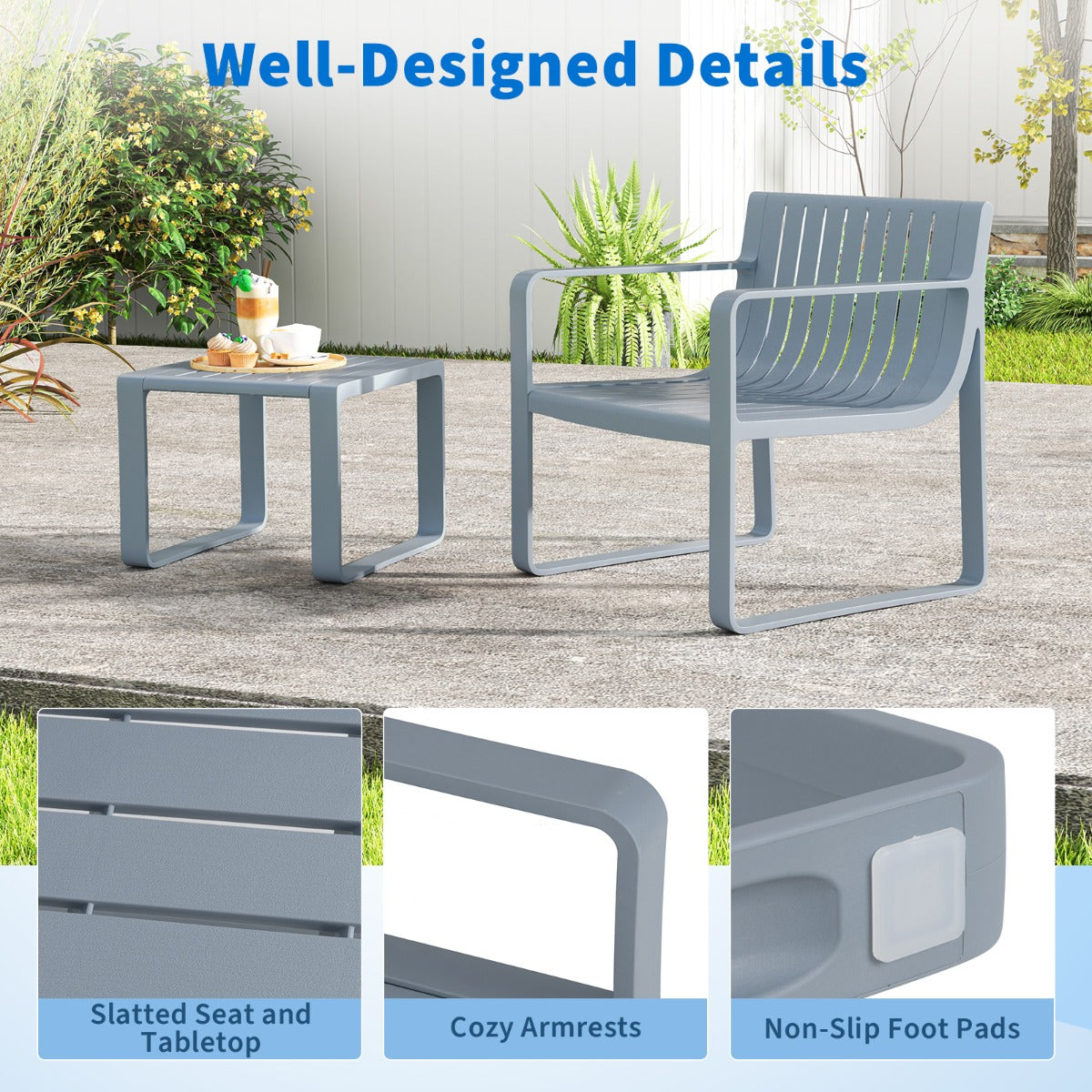 LIVSK Weerbestendige Tuinmeubelset - 2-delig - Ergonomische Stoel met Armleuningen - Multifunctionele Salontafel - Grijs